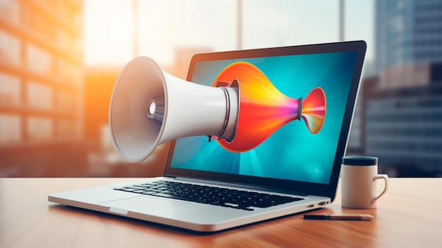 laptop computer with loudspeaker over urban background with megaphone