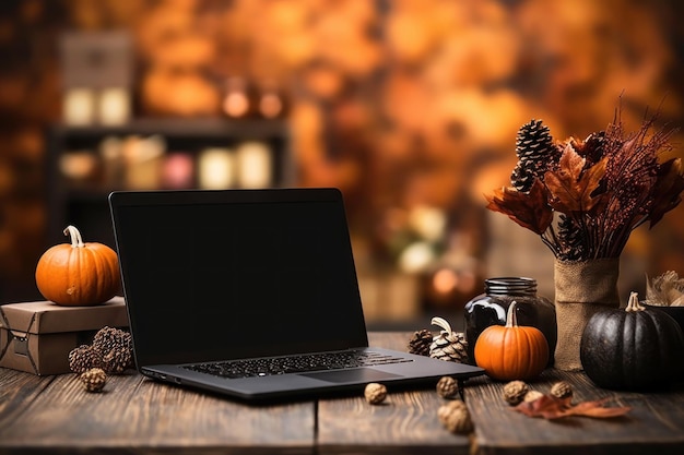 Laptop computer on wooden table decorative with Halloween season Generate with Ai