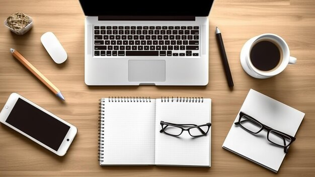 A laptop, a cup of coffee, and a notebook are on a wooden table.