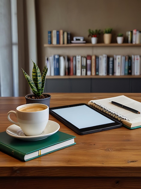 a laptop and a cup of coffee on a table with a plant in the background