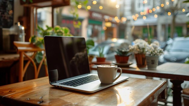 Photo a laptop and a cup of coffee on a table with plants and a coffee cup