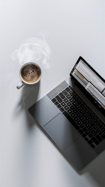 Photo laptop and a cup of coffee on a white background top view