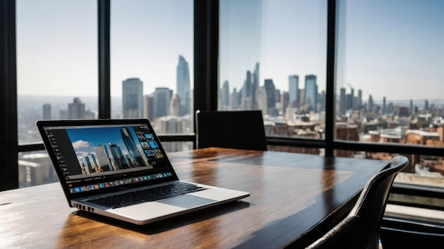 Laptop on a desk against a window with city skyline view