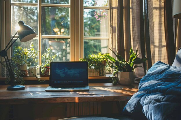 Photo laptop on a desk by the window with sunlight streaming in