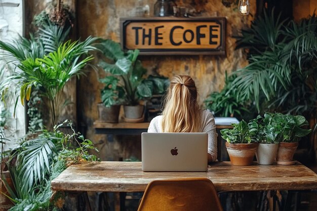 Photo a laptop on a desk in front of a sign that says the coffee