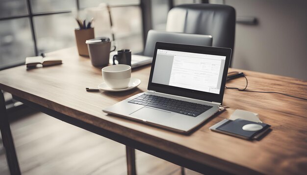 a laptop on a desk with a cup of coffee and a cup of coffee