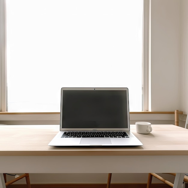 A laptop on a desk with a cup of coffee next to it.