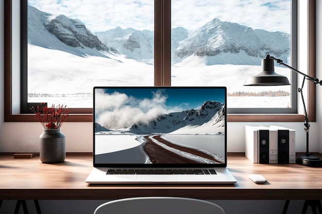 A laptop on a desk with a snowy mountain in the background