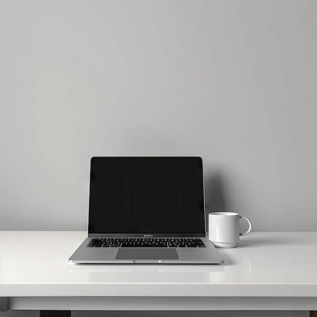 A laptop on a desk with a white coffee mug next to it.