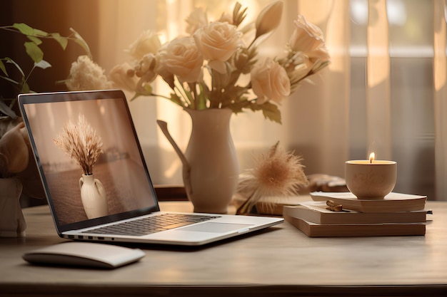 Laptop On a Desktop with a Coffee and Some Flowers