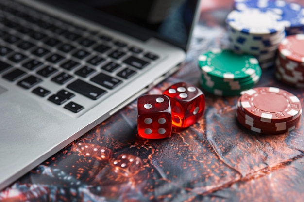 Photo a laptop and dice on a table