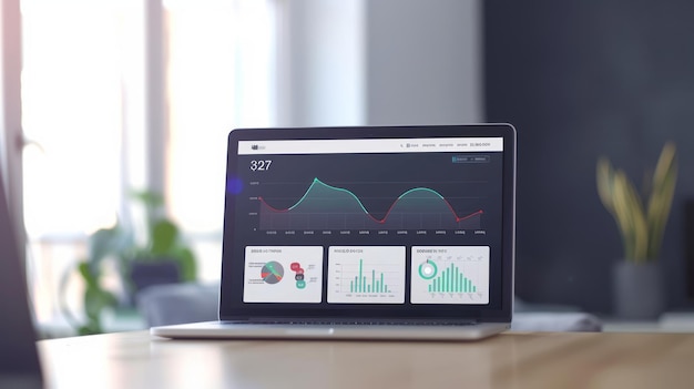 Photo laptop displaying charts and graphs on wooden table in office setting