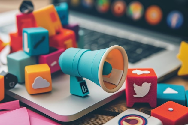 Photo a laptop displaying colorful blocks next to a megaphone explore the relationship between content marketing and consumer engagement