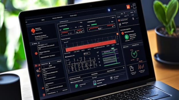 Photo laptop displaying a dashboard interface with data and graphs