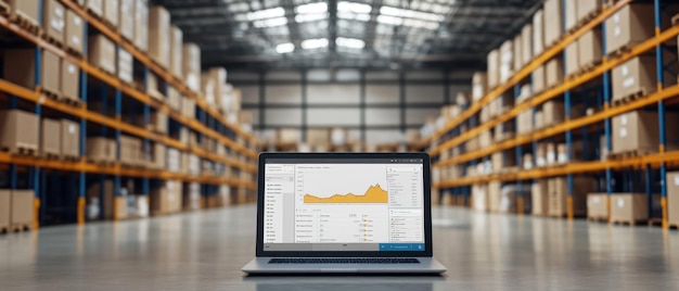 Photo a laptop displaying data analytics in a warehouse setting emphasizing inventory management