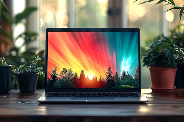 Laptop displaying sunset over forest