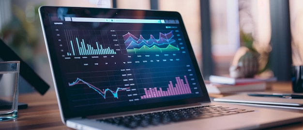 A laptop displaying vibrant financial graphs and analytics sits on a modern workspace highlighting datadriven productivity