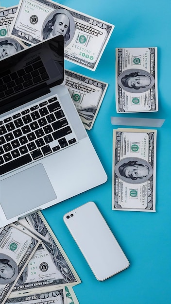 Photo laptop and dollar bills on color background flat lay