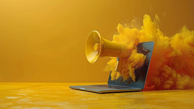 Photo laptop explosion with yellow megaphone bursting through screen vivid abstract concept