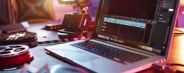 Photo a laptop on a filmmaker s editing desk with film reels and a clapperboard evoking the film production process