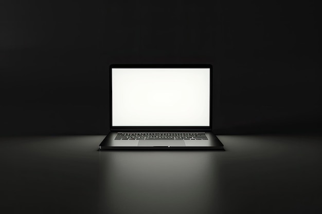 Photo laptop floating on mockup three dimensional black background