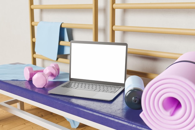 laptop on a gym bench with exercise equipment around it