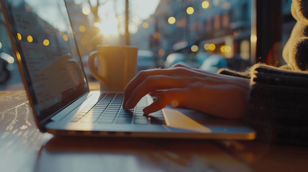 Photo laptop and hands at sunset