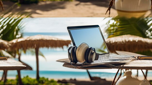 of Laptop and headphones on a serene beach remote work visa programs