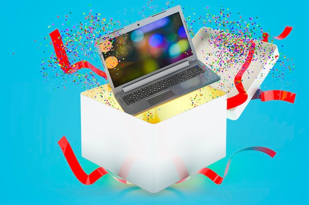 Laptop inside gift box 3D rendering