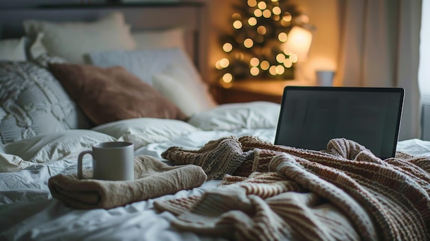 A laptop is on a bed with a cup of coffee next to it