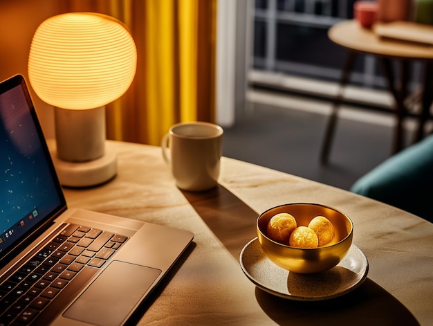 Photo a laptop is open and a bowl of fruit on a table