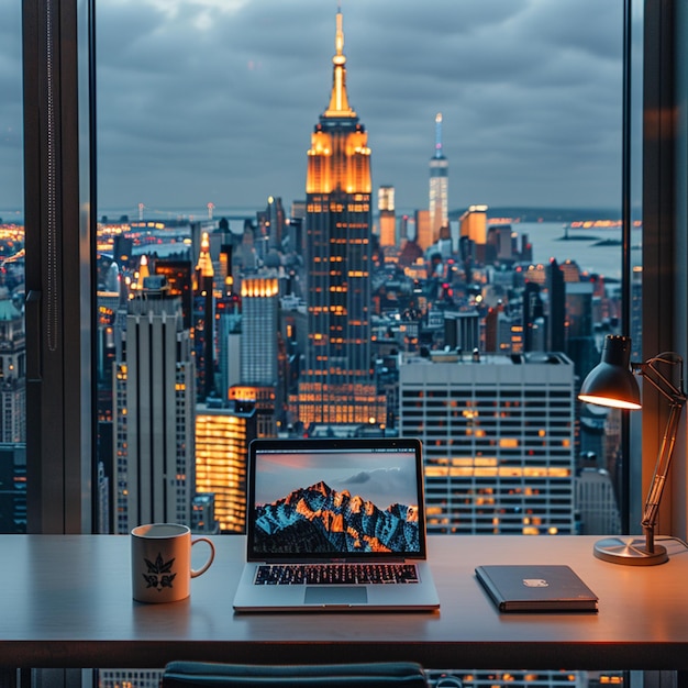 a laptop is open and sitting on a desk with a cup of coffee