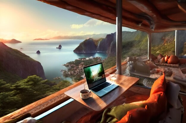 Photo a laptop is open and sitting on a desk with a person sitting on a desk