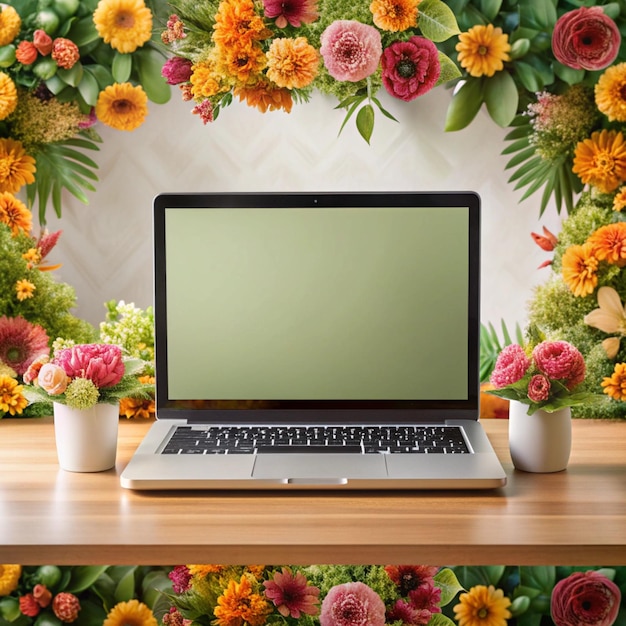 Photo a laptop is open and sitting on a table with flowers in the background