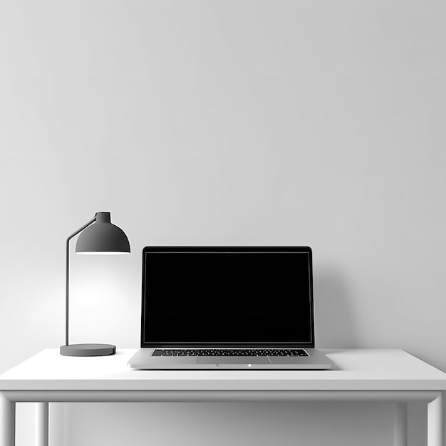 Photo a laptop is open and on a table with a lamp next to it