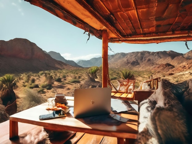 Photo a laptop is open and on a table with a mountain view