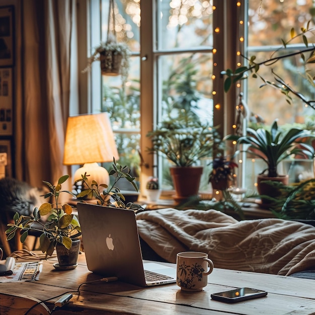 Photo a laptop is open and on a table with potted plants