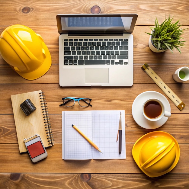 Photo a laptop is open to a yellow hard hat on a wooden table