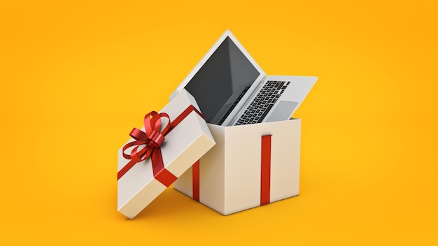 A laptop is opened to a gift box with a red ribbon.