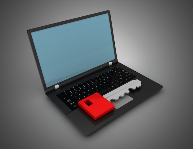 Laptop and key, security concept. 3d illustration