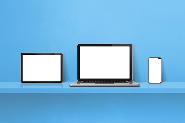 Laptop, mobile phone and digital tablet pc on blue wall shelf. Horizontal background. 3D Illustration