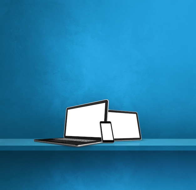 Photo laptop, mobile phone and digital tablet pc on blue wall shelf. square background. 3d illustration