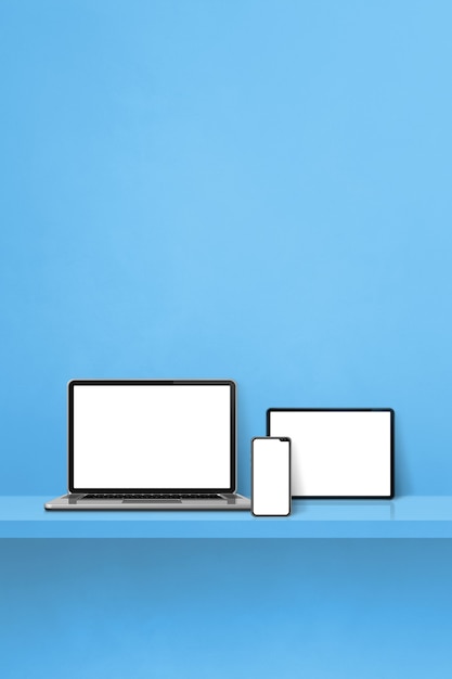 Laptop, mobile phone and digital tablet pc on blue wall shelf. Vertical background. 3D Illustration