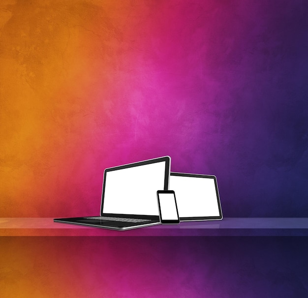 Laptop mobile phone and digital tablet pc on rainbow wall shelf Square background