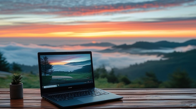 Photo a laptop mobile on wooden table with sunrise and mountain fog background in morning 3