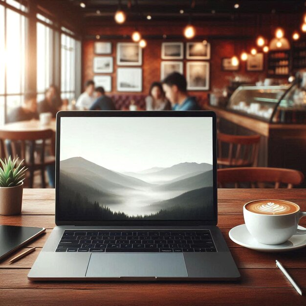 Photo laptop mockup displaying blank screen in a modern workspace