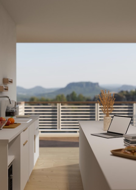 Laptop mockup on a modern kitchen islands in modern home kitchen cooking space