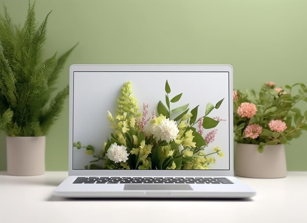 laptop mockup template with display screen with nature wallpaper generative ai