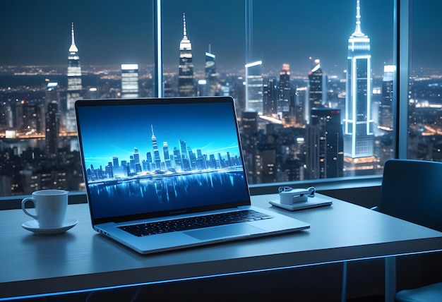 a laptop mockup with a city skyline in the background