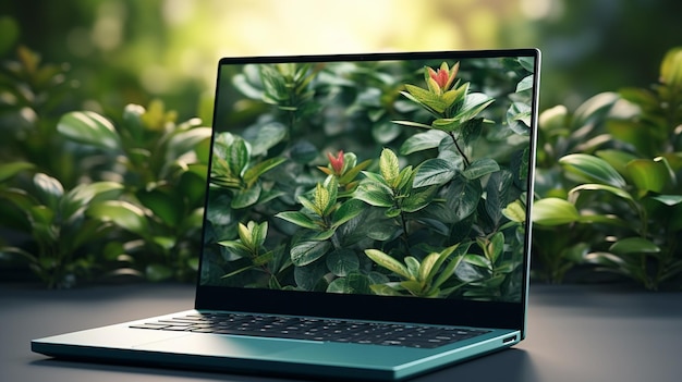 Laptop mockup with green leaves on nature background